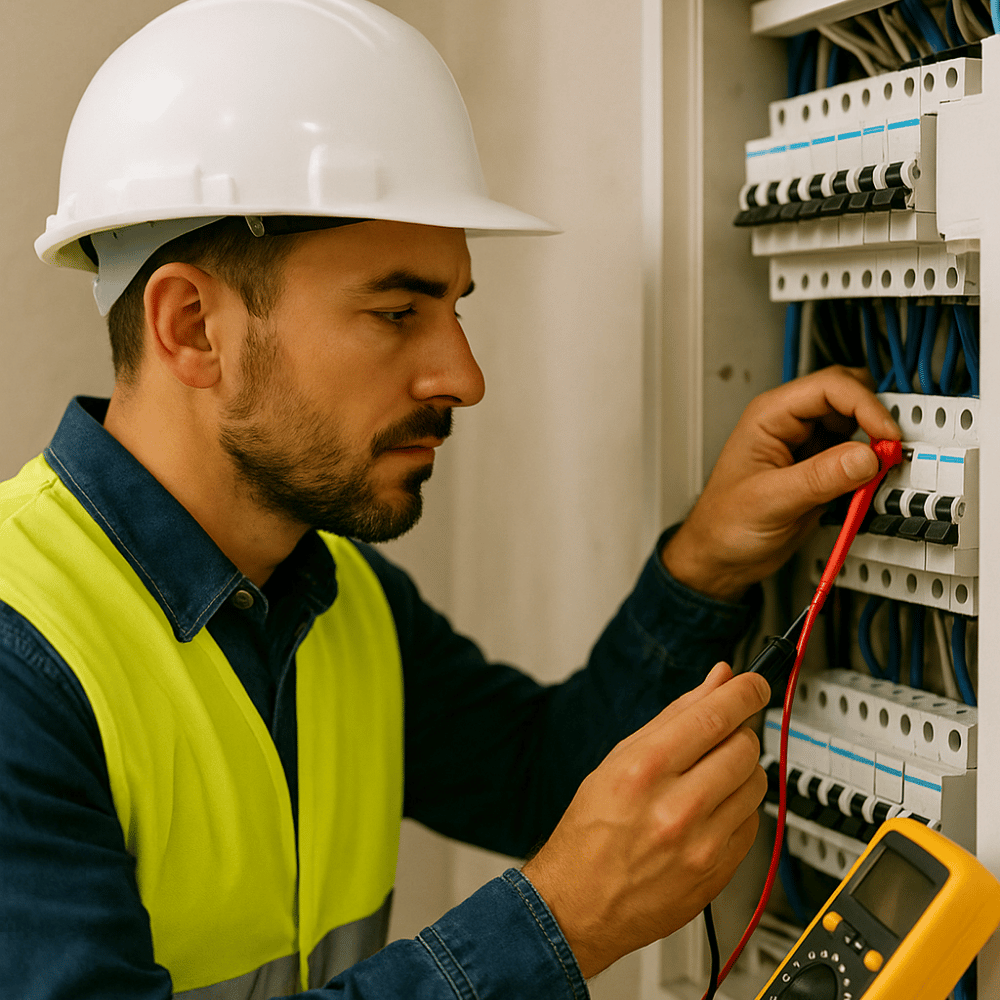 home inspector performing electrical systems check with multimeter on panel in Greater Noida