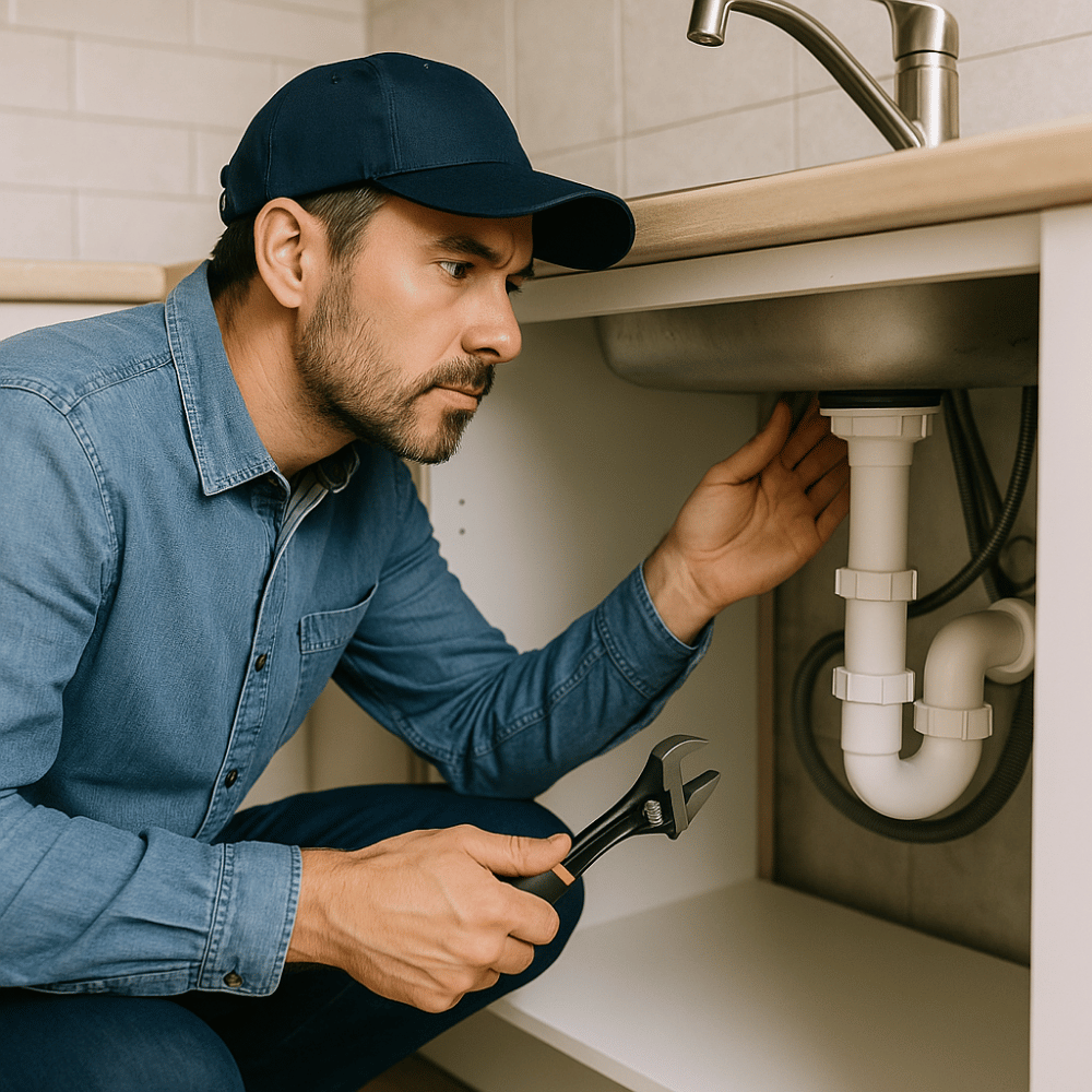 home inspector reviewing under-sink plumbing and fixtures during home inspection in Greater Noida