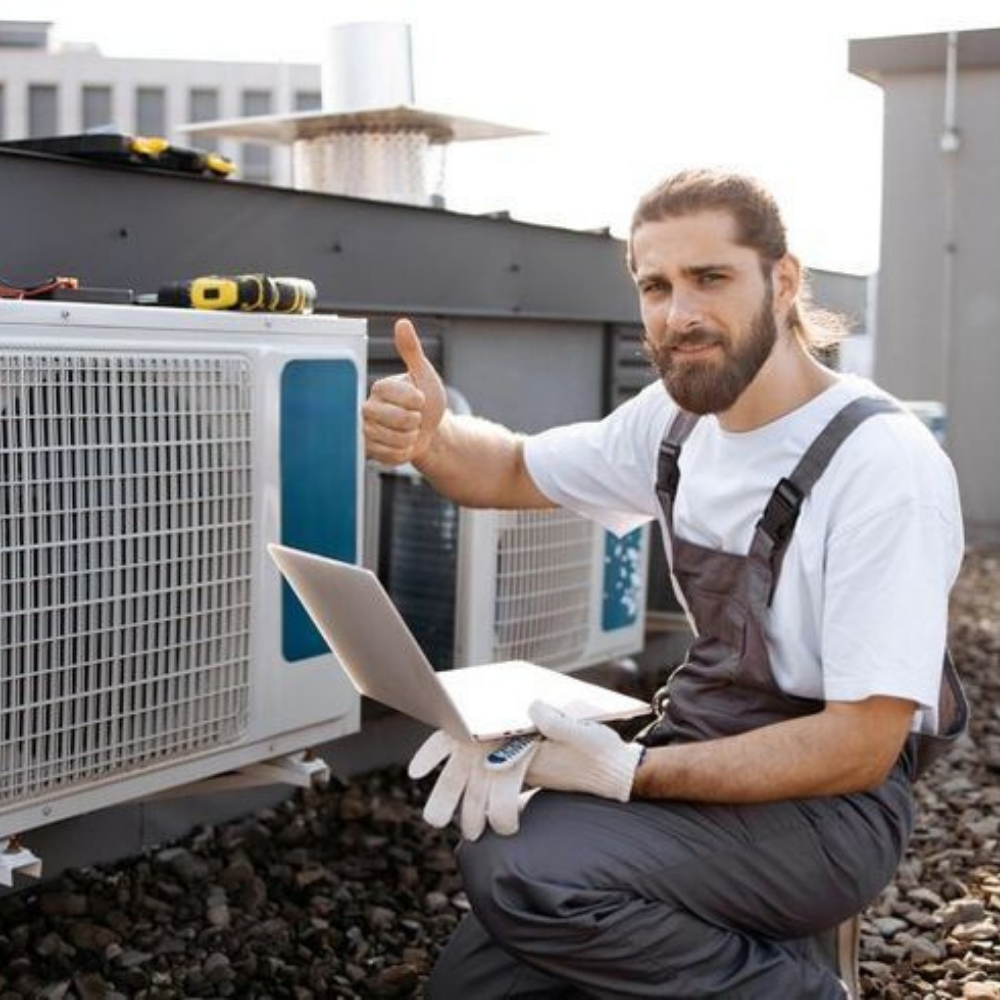 home inspector performing HVAC performance evaluation on outdoor AC unit in Greater Noida