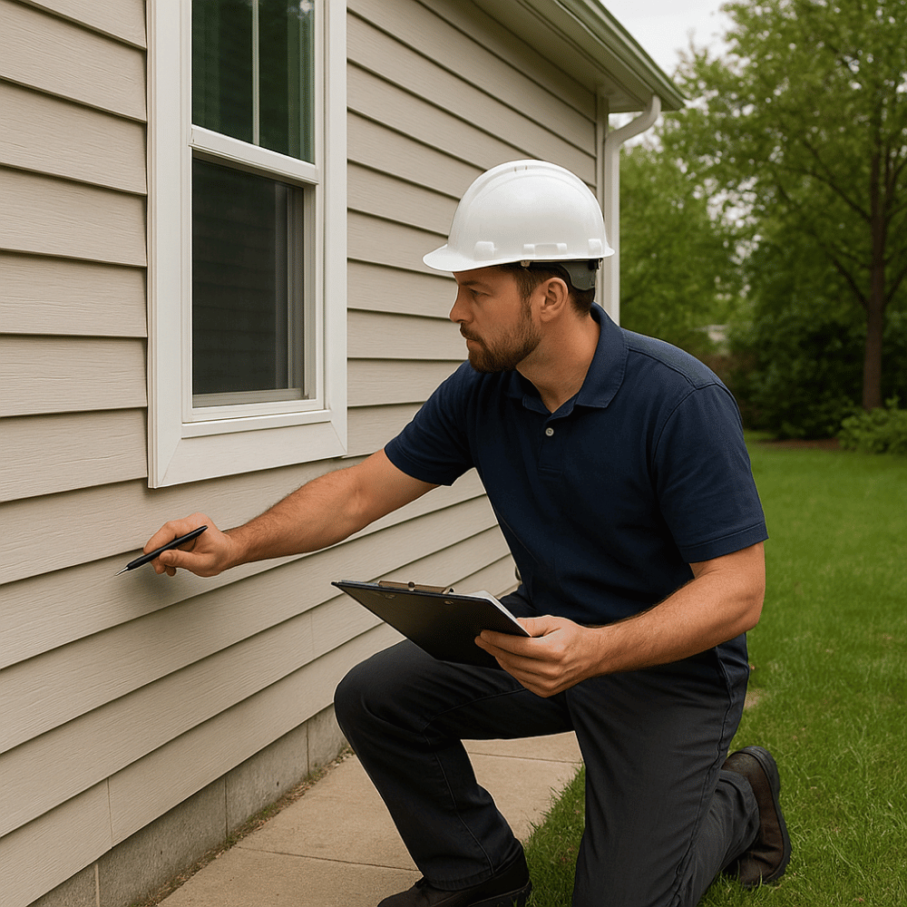 Home inspector on a ladder inspecting roof and gutters during exterior exam in Greater Noida.