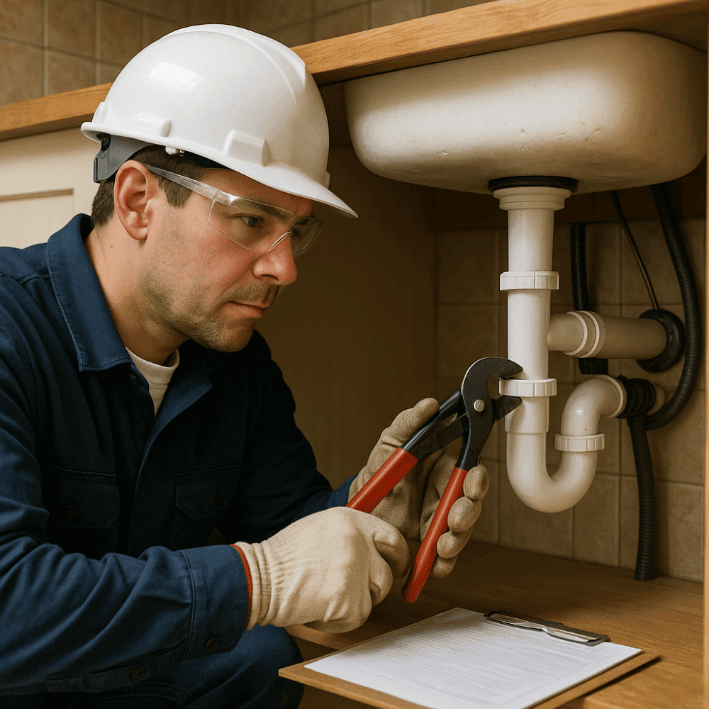 Plumber conducting a Plumbing & Fixtures Review during a house inspection in Noida, tightening a pipe under a kitchen sink