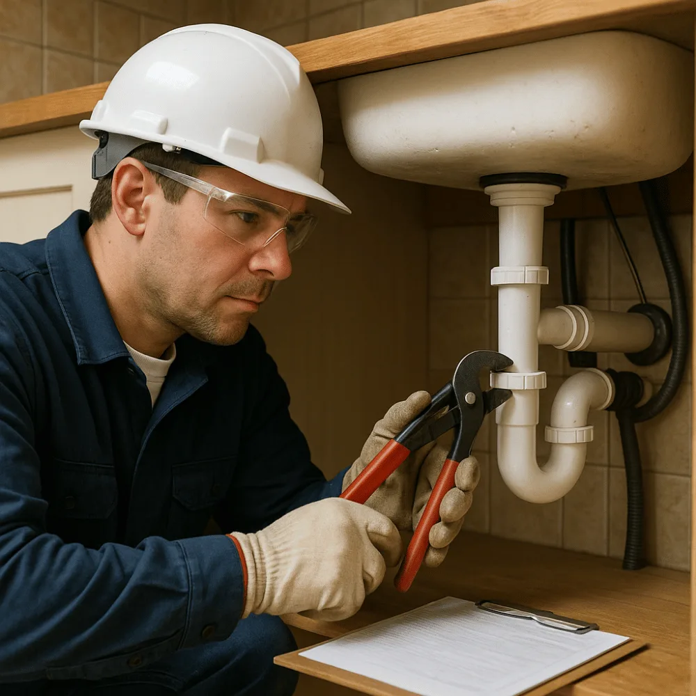 Plumber conducting a Plumbing & Fixtures Review during a house inspection in Noida, tightening a pipe under a kitchen sink