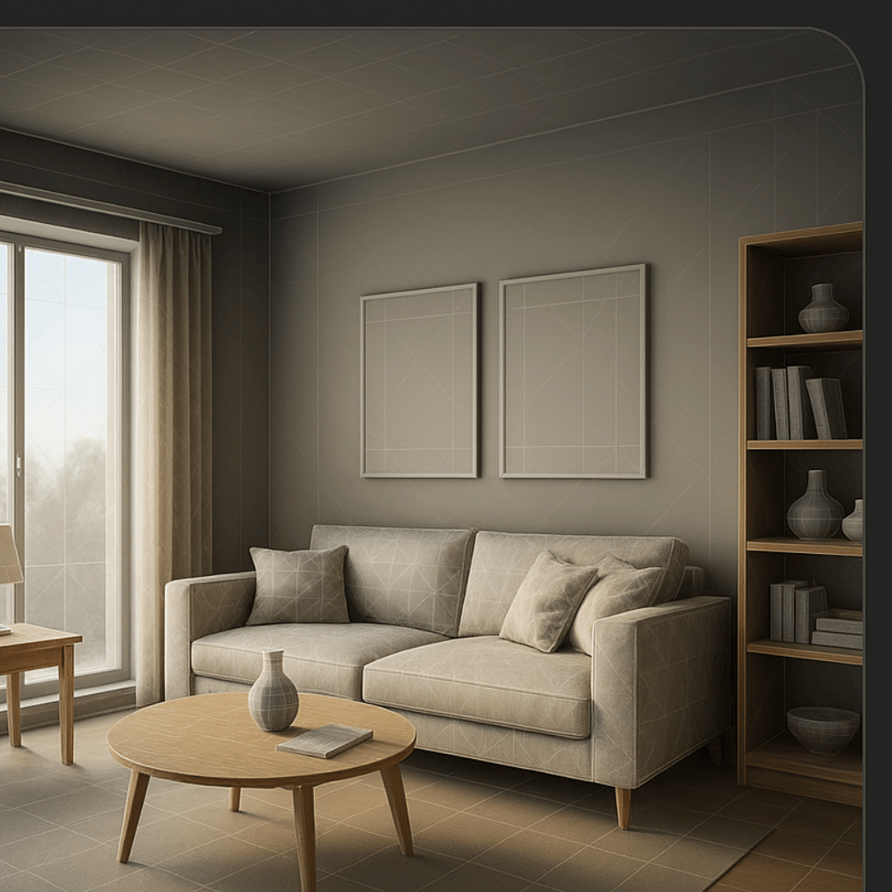 Minimalist living room with leather sofa, abstract art, and wooden wall panels