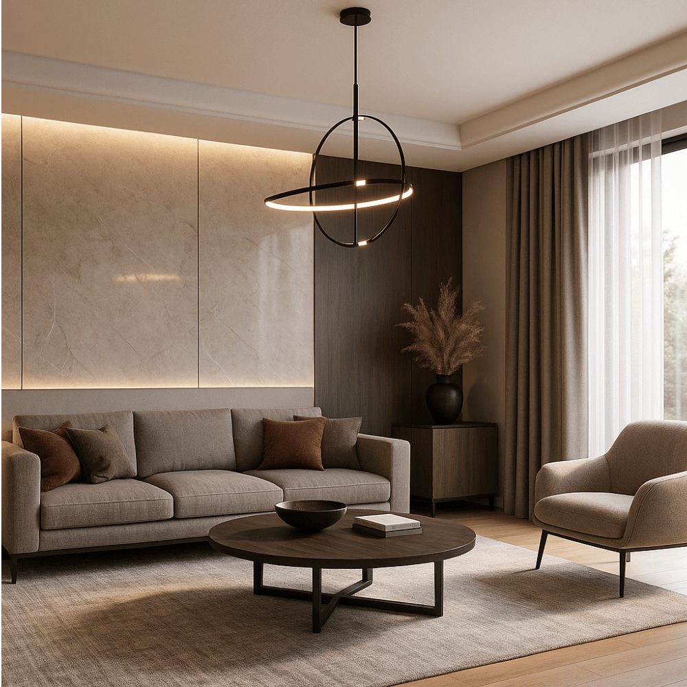 Modern living room with wooden panels, blue sofa, and ambient lighting featuring a chandelier