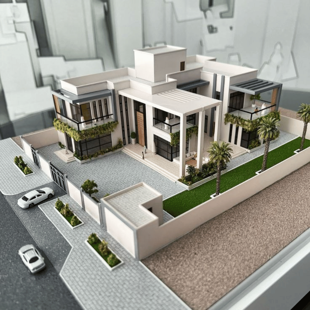 Modern living room with wooden panels, blue sofa, and ambient lighting featuring a chandelier