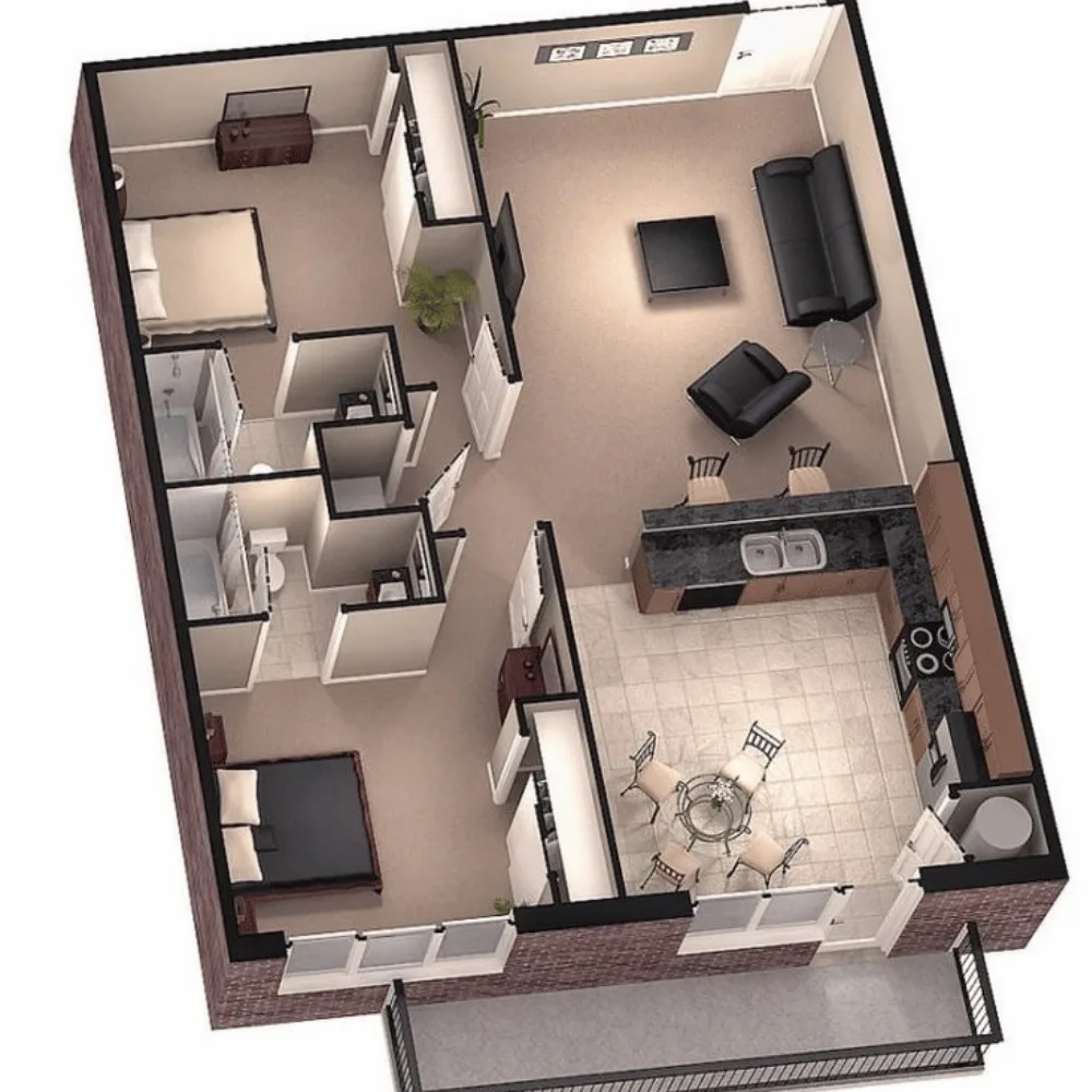 Three-dimensional floor plan of a two-bedroom apartment showing an open kitchen with island, dining area, living room, two bathrooms, master bedroom, second bedroom, and balcony.