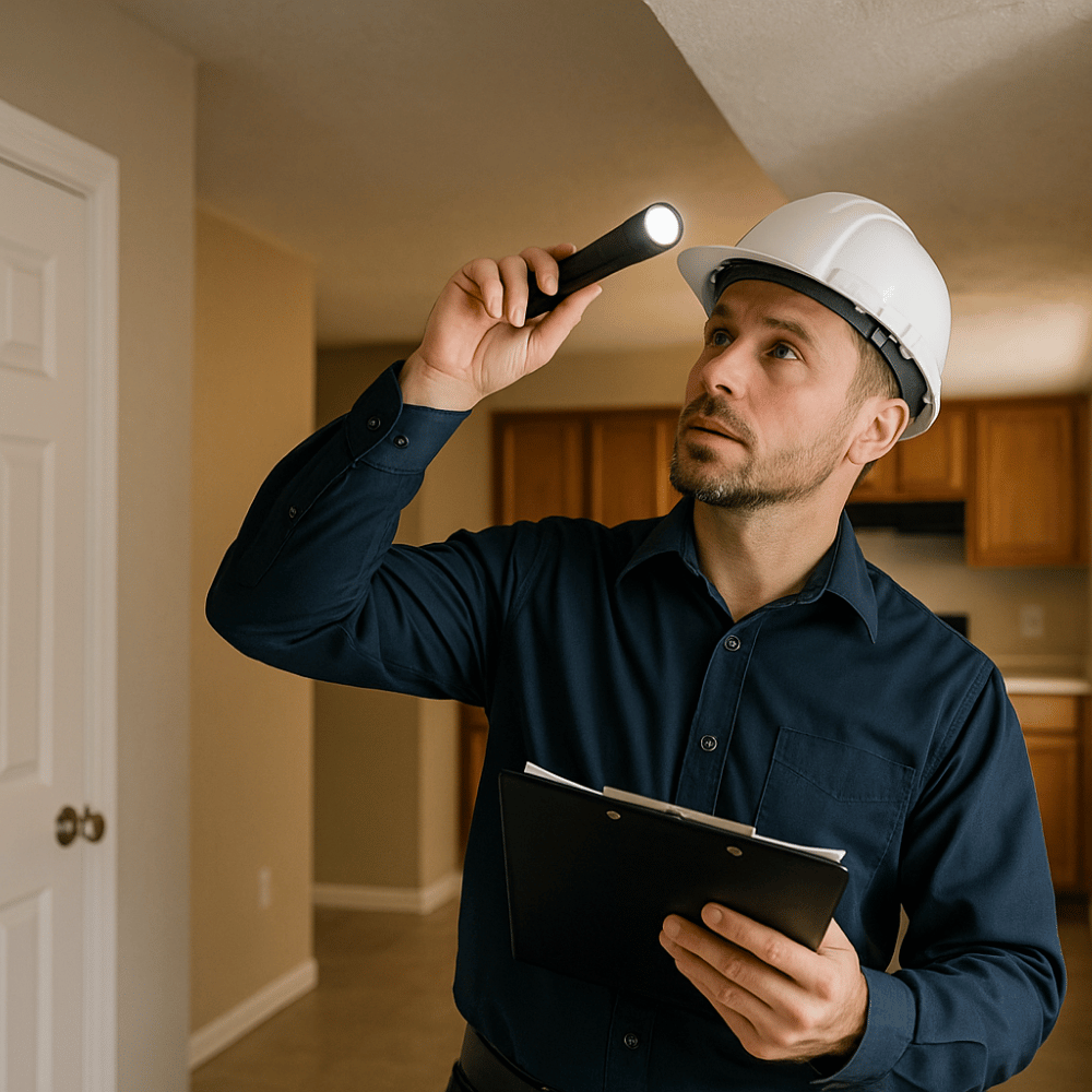 Certified home inspector examines a ceiling crack with flashlight and clipboard during a detailed home inspection in Greater Noida.