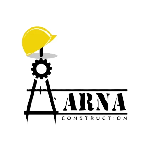 Aarna Constructions & Interiors company logo with hard hat and compass icon