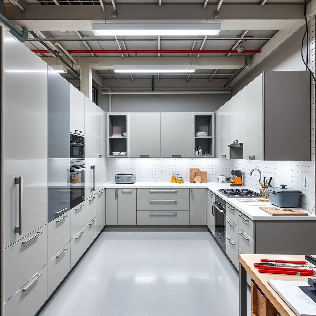 Contemporary L-shaped kitchen with dark cabinets and white countertops featuring pendant lights