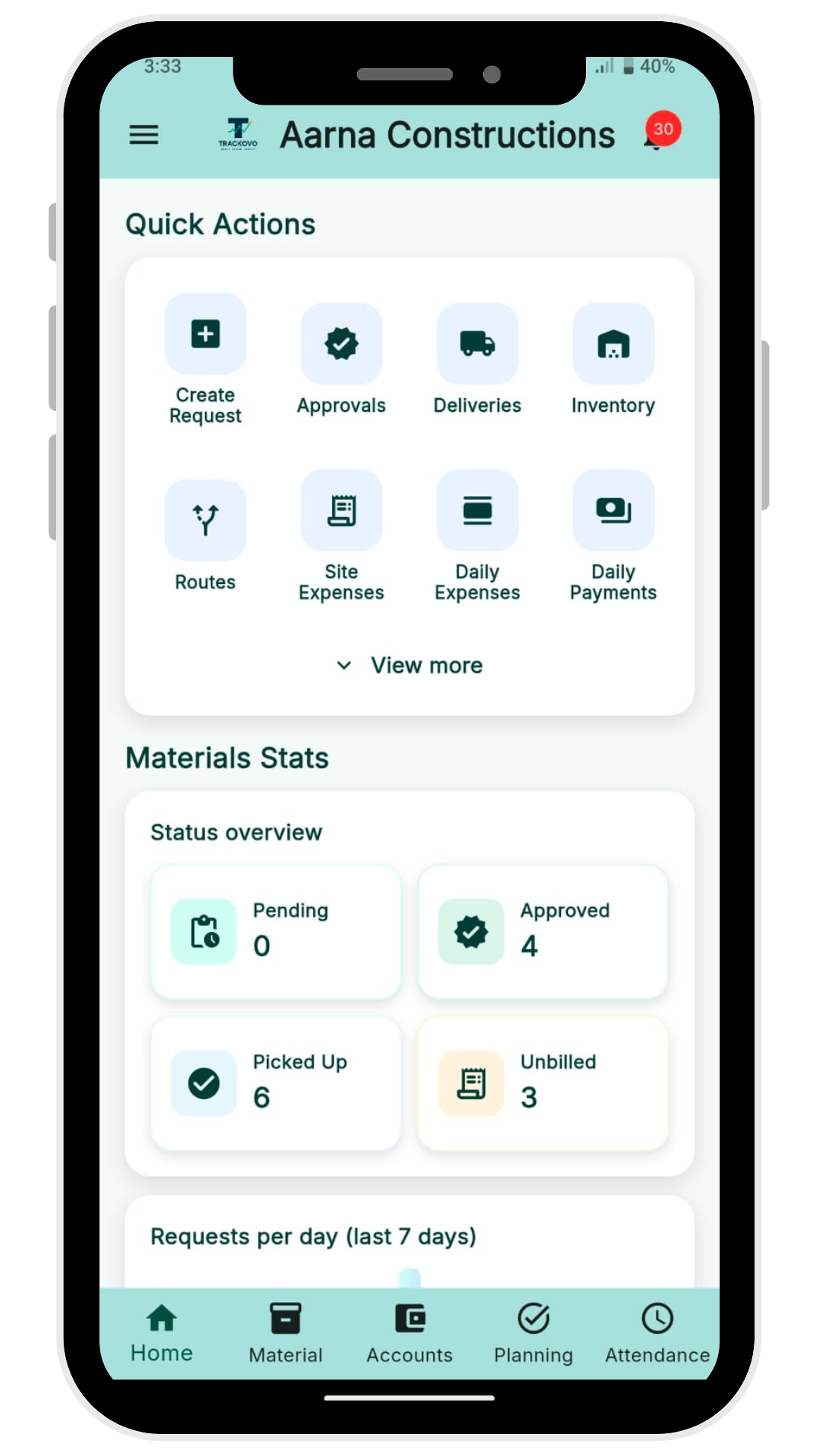 Construction monitoring app interface showing project details, progress tracking, and house visualization