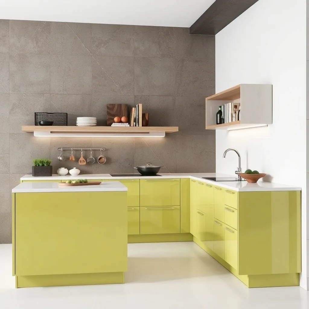 Contemporary L-shaped kitchen with dark cabinets and white countertops featuring pendant lights