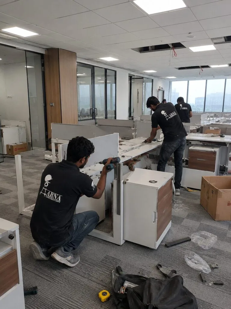 Corporate office workstation setup by Aarna Constructions in Greater Noida