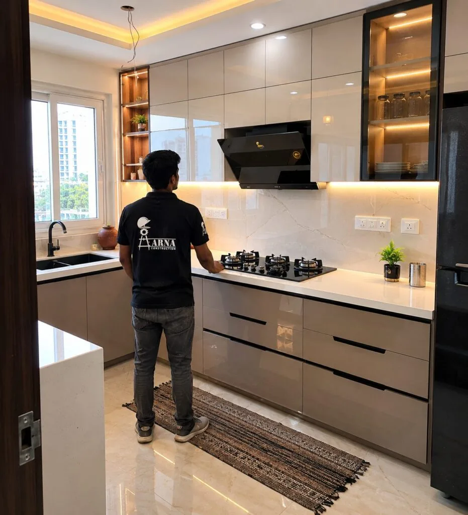 Completed modular kitchen interior by Aarna Constructions in Greater Noida