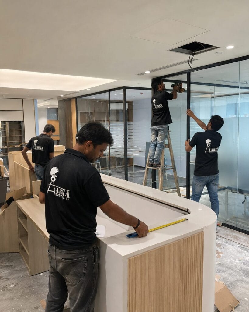 Office glass partition installation by Aarna Constructions in Greater Noida