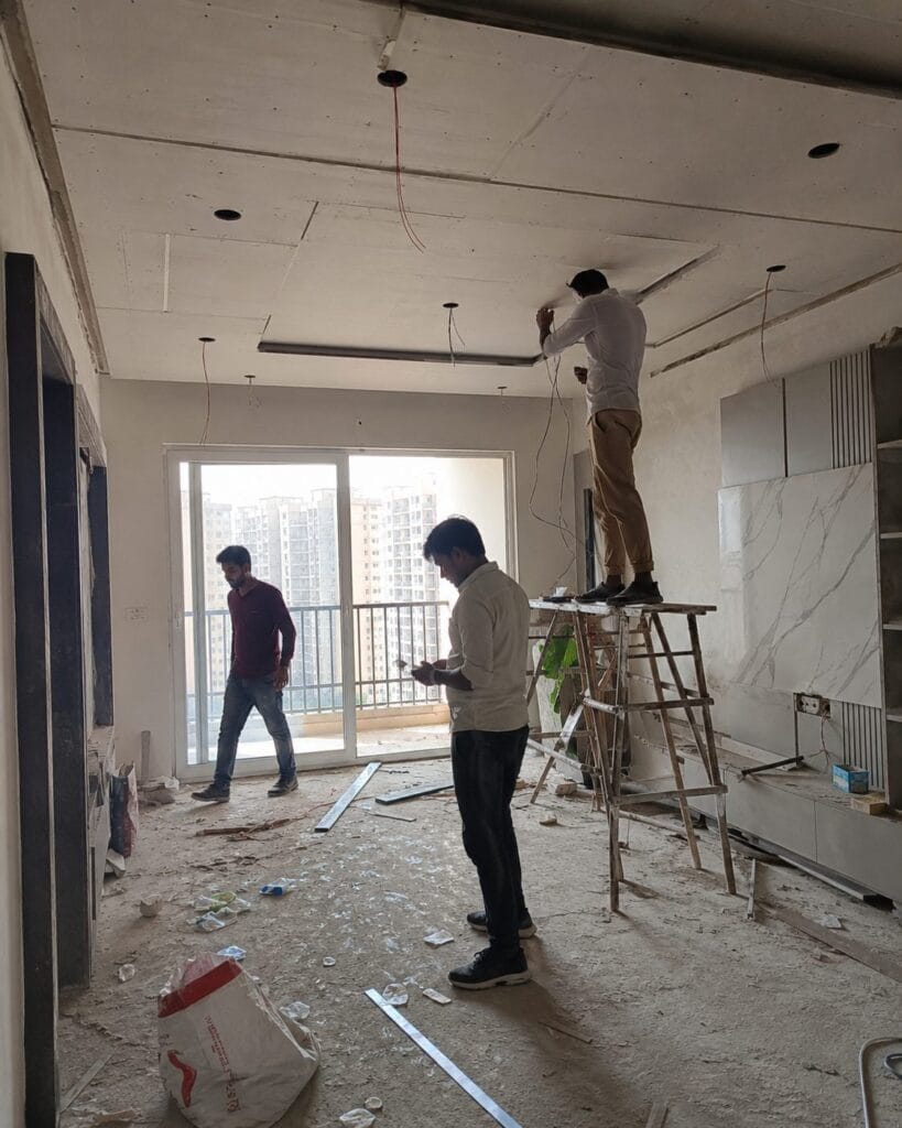 Office reception interior by Aarna Constructions team in Greater Noida