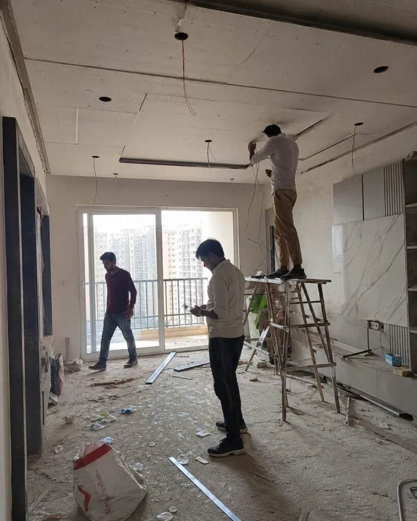 Office reception interior by Aarna Constructions team in Greater Noida