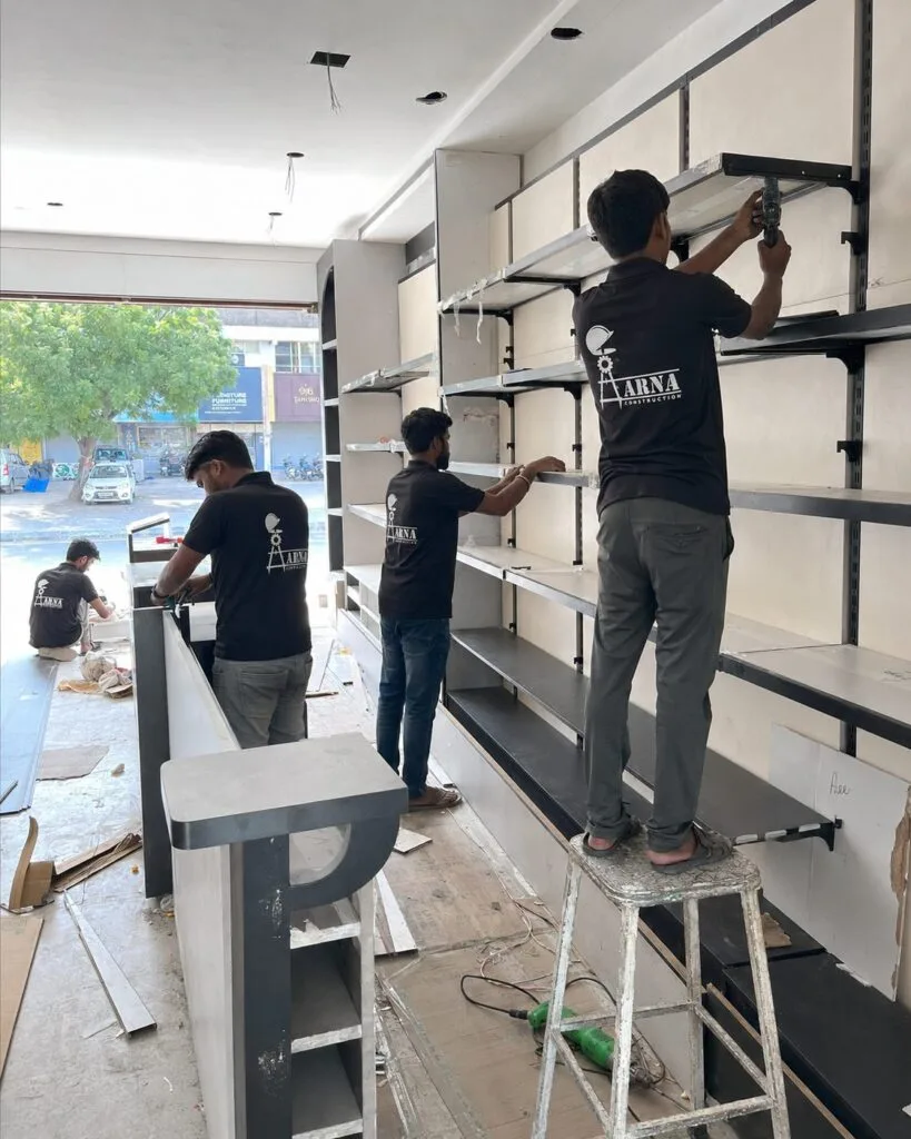 Office wood paneling fit-out by Aarna Constructions team in Greater Noida