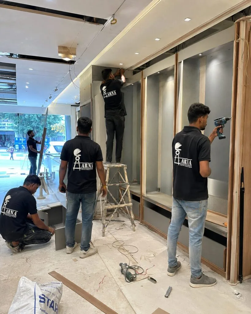 Retail store shelving installation by Aarna Constructions in Greater Noida