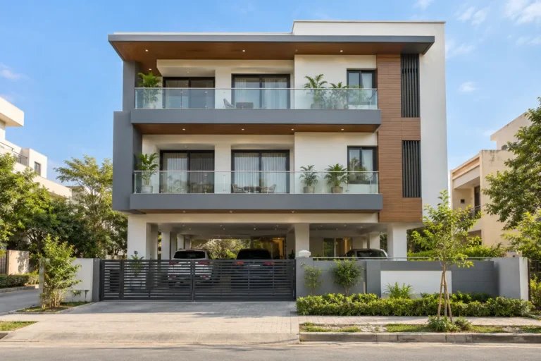 Stilt parking house elevation with three floors above, glass balconies and wood panels