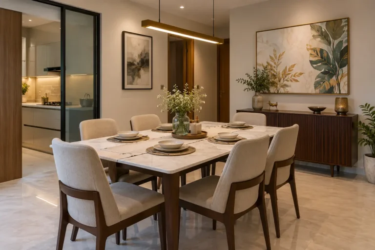 6-seater marble dining table with linear pendant