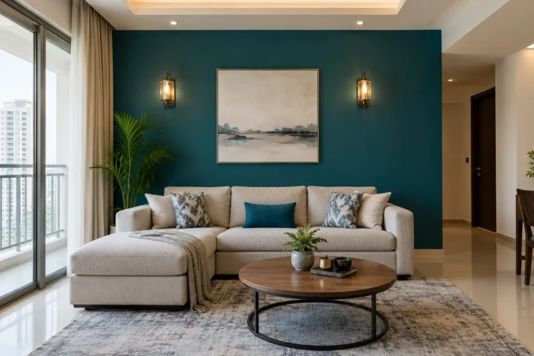 Deep teal accent wall in a white room