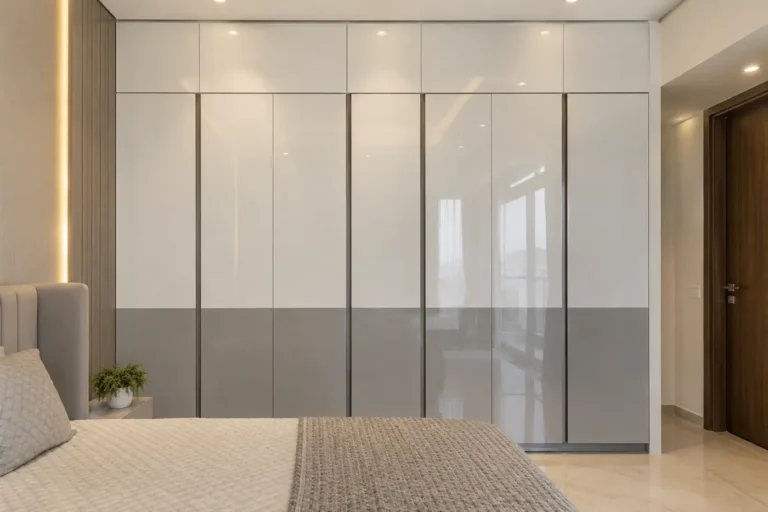 High-gloss acrylic wardrobe in white and grey