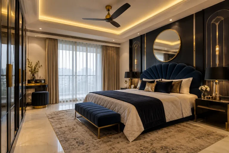 Art Deco master bedroom with fan-shaped navy velvet headboard and brass details