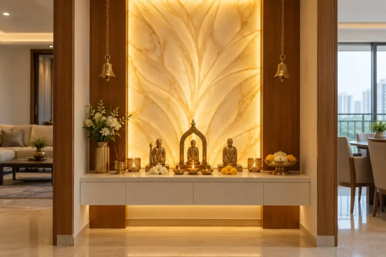 Pooja unit with glowing back-lit panel and white shelf