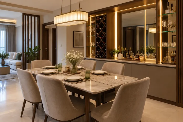 Dining area with built-in bar unit and wine rack