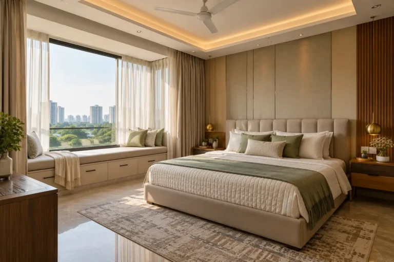 Master bedroom with cushioned bay window seat and storage drawers