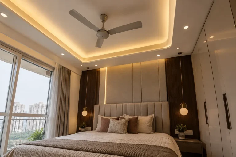 Bedroom false ceiling with cove light above the bed