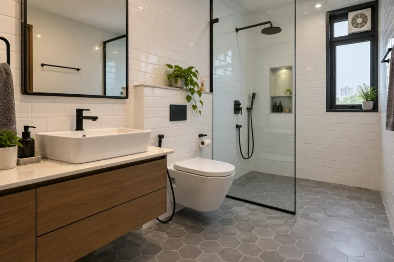 Bathroom with matte black taps and shower against white subway tiles