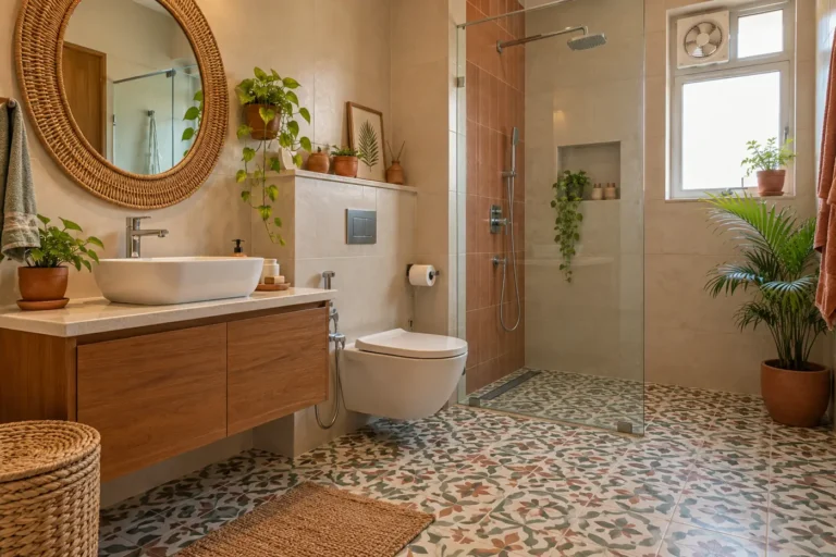 Boho bathroom with patterned floor tiles, rattan mirror and plants