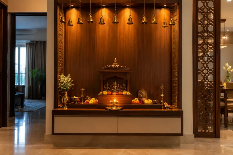 Pooja unit with rows of hanging brass bells and wooden back panel