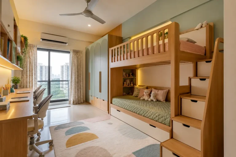 Shared kids room with wooden bunk bed and storage stairs