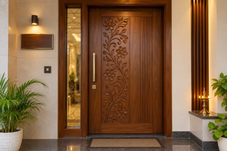 CNC carved wooden main door with floral pattern