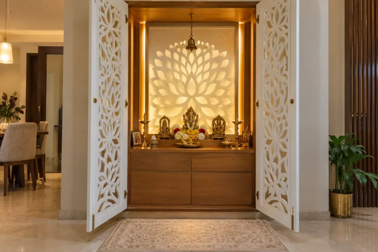 Pooja room with white CNC jaali doors in lotus pattern