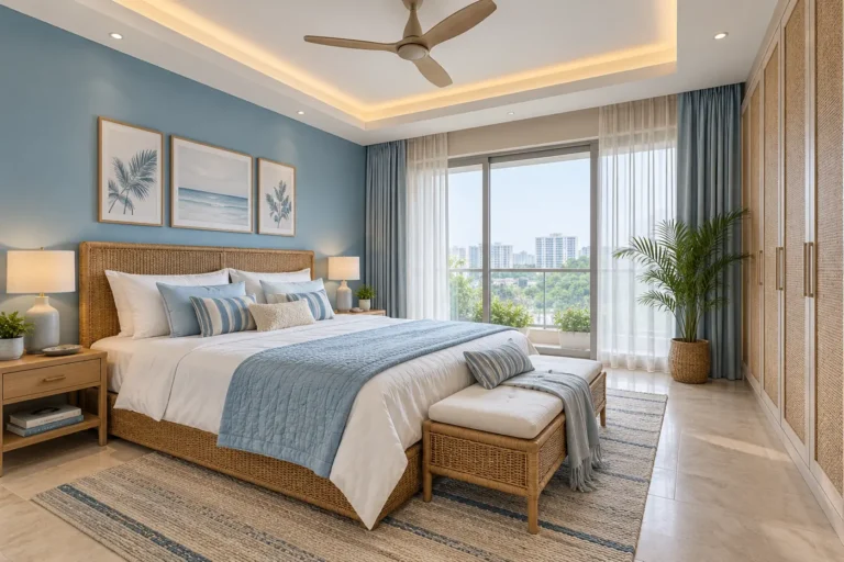 Coastal master bedroom in white and soft blue with rattan bed