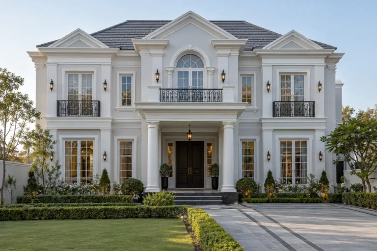 Colonial house front elevation with symmetrical white facade, columns and pitched roof