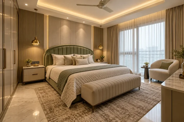 Contemporary master bedroom with curved sage velvet headboard and brass pendants