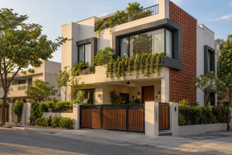 Contemporary house elevation mixing white plaster, grey frames, brick jaali and planters