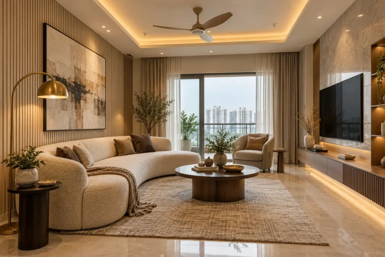 Contemporary living room with curved boucle sofa, fluted panel and brass lamp