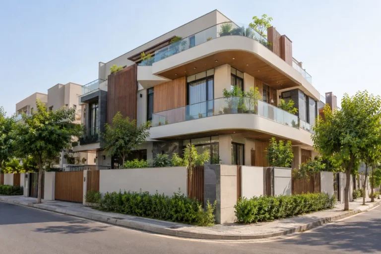 Corner plot house elevation with wrap-around balconies on two street faces
