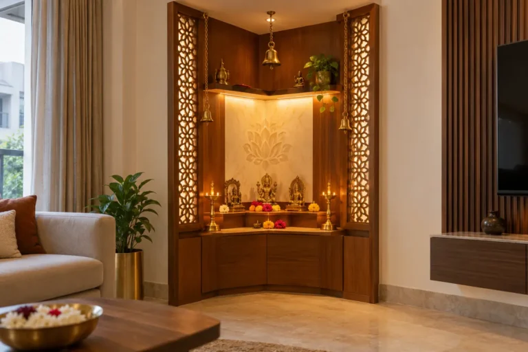 Corner pooja unit with wooden shelves and jaali side panels