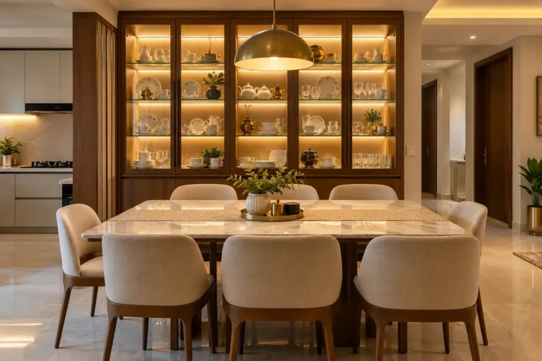Dining area with lit glass crockery unit