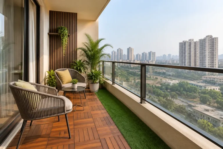 Balcony with wooden deck tiles and artificial grass