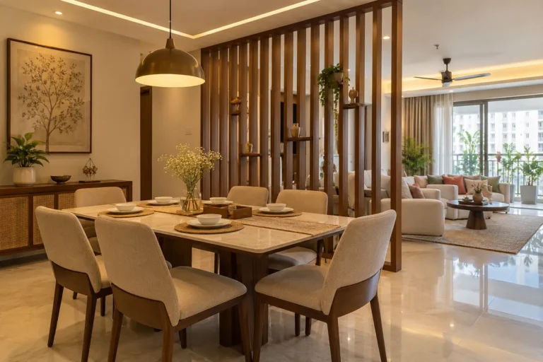 Dining area in living room with slatted wooden partition