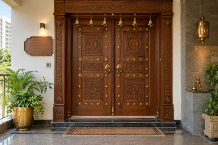 Double carved wooden main door with brass studs
