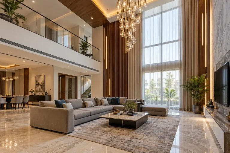 Double-height living room with tall wooden slat wall, chandelier and glass mezzanine