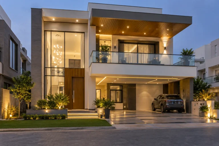 Modern duplex house front elevation with double-height entrance and wooden soffit